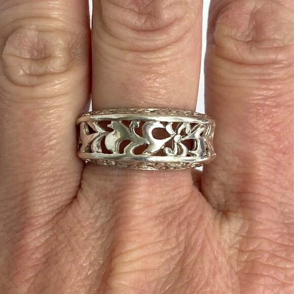 Sterling Silver 925 Filigree Openwork Scrollwork 10MM Wide Band Ring Sz 7.25 - Picture 12 of 16
